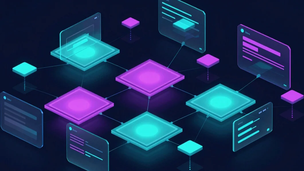 Futuristic digital UI render of interconnected glowing nodes, gla