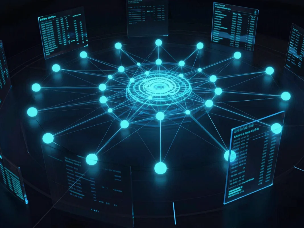 3d render of a glowing network node representing sales and order data, with connected lines radiating outwards against a