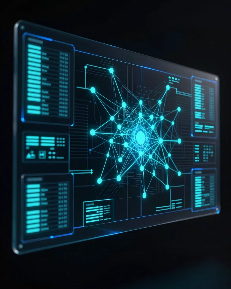 3d render dark futuristic tech interface, glowing cyan and blue neon nodes, glassmorphic dark panels, deep midnight back